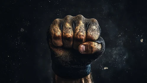 Clenched Fist Gold Dust Against Black.