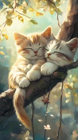 Two Kittens Resting on Branch with Luminous Autumn Foliage
