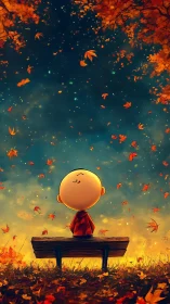 Child on bench enjoys luminous autumn leaves at twilight