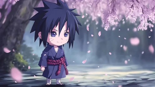 Chibi-style child under pink cherry blossoms outdoors.