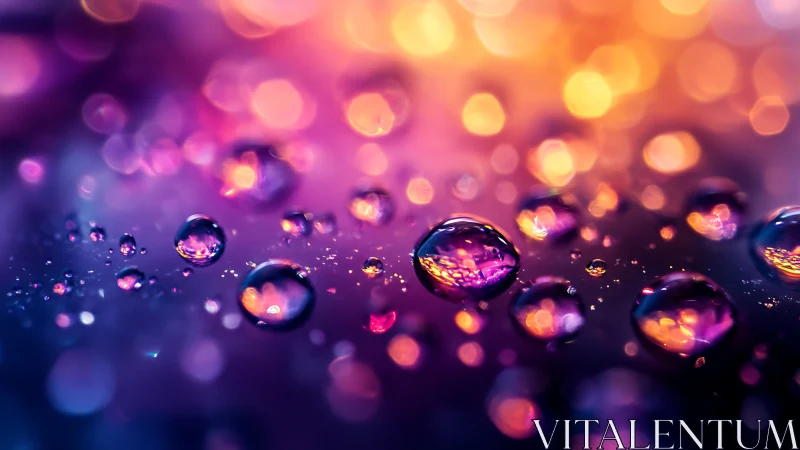 Iridescent droplets shimmer over neon violet and gold bokeh.