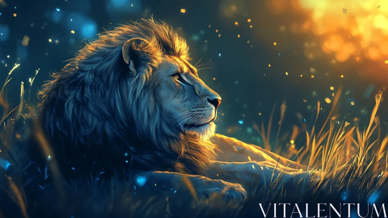 Lion in side profile lying in grass at dusk lighted scene.