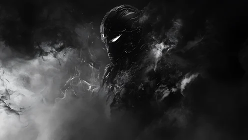 Cybernetic warrior emerges from swirling monochrome smoke