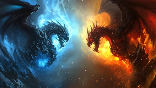 Two opposing elemental dragons confront across central boundary