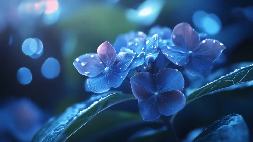 Blue Hydrangea Flowers Glistening with Dewdrops