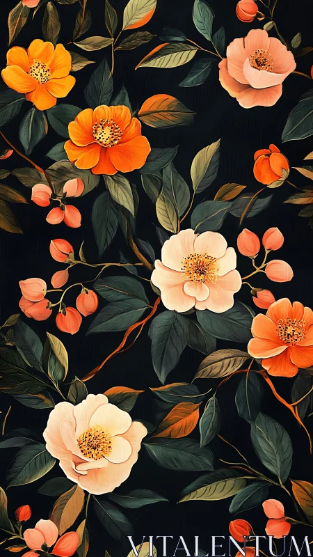 Botanical Illustration: Dense Floral Pattern on Dark Ground.
