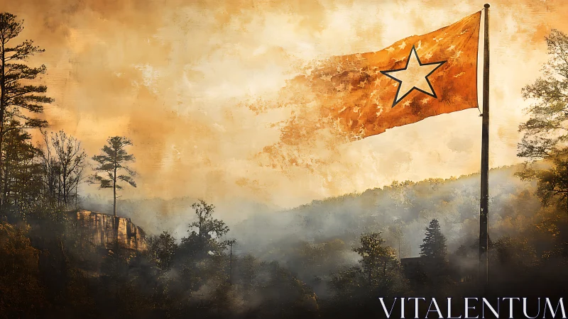 Weathered orange star flag over misty forested hills.