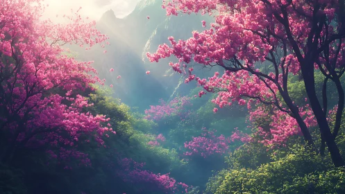 Pink flowering forest valley with distant misty mountains.
