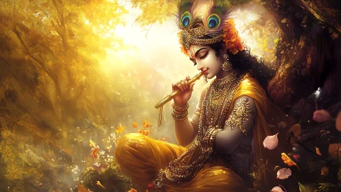 Golden forest serenade with a serene flute player.