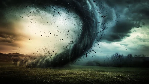Powerful tornado twisting over dark rural landscape.