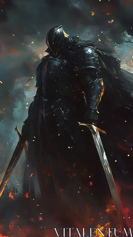 Armored figure stands with dual swords amid scattered embers