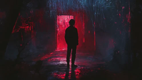 Silhouetted wanderer before a glowing crimson doorway.