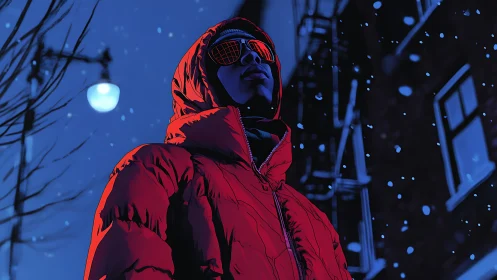 Midnight swagger in neon snow, wrapped in ember-red frost.