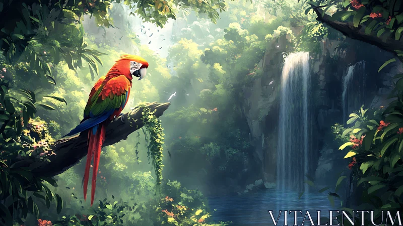 Brilliant macaw rests above a sunlit jungle waterfall
