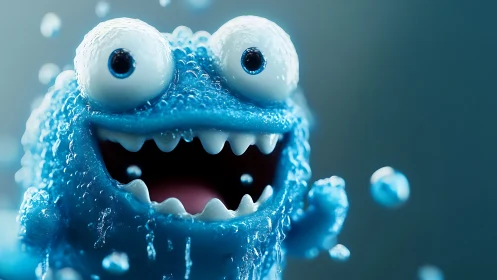 Blue droplet monster character with big eyes and teeth.