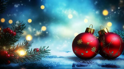 Red ornaments on snowy surface with evergreen branches.