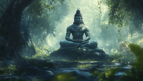 Serene stone deity seated in misty green forest clearing.