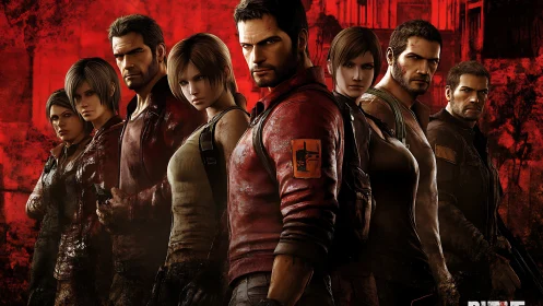 Tough video game squad stands ready in red backdrop.