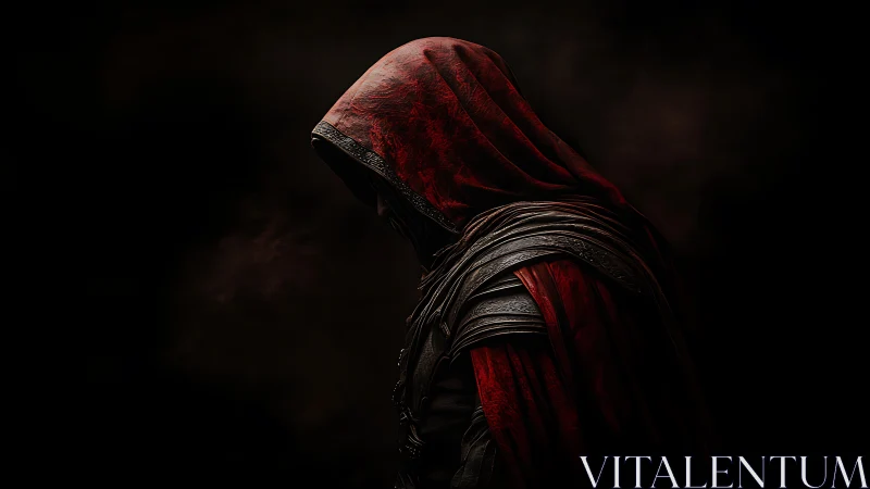 Shadowed red-hooded warrior wrapped in baroque armor silence.