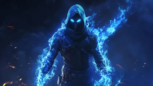 Hooded blue flame warrior walking out of the shadows.