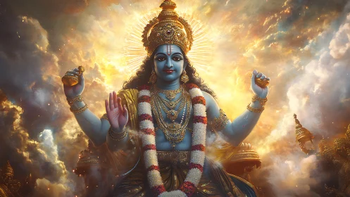 Radiant Hindu deity emerges from luminous celestial clouds
