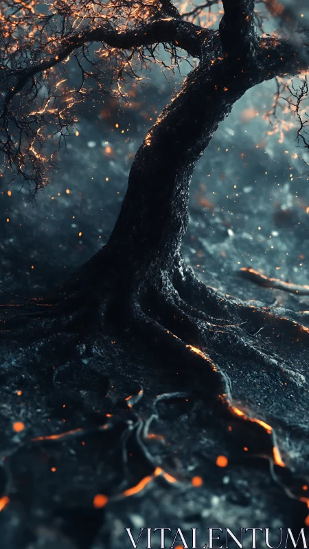 Tree trunk and roots over ember-lit ground at night.