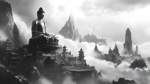 Monochrome mountain temple city under colossal Buddha statue.