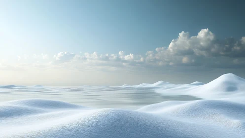 Snow dunes under wide sky and distant cloud bands.