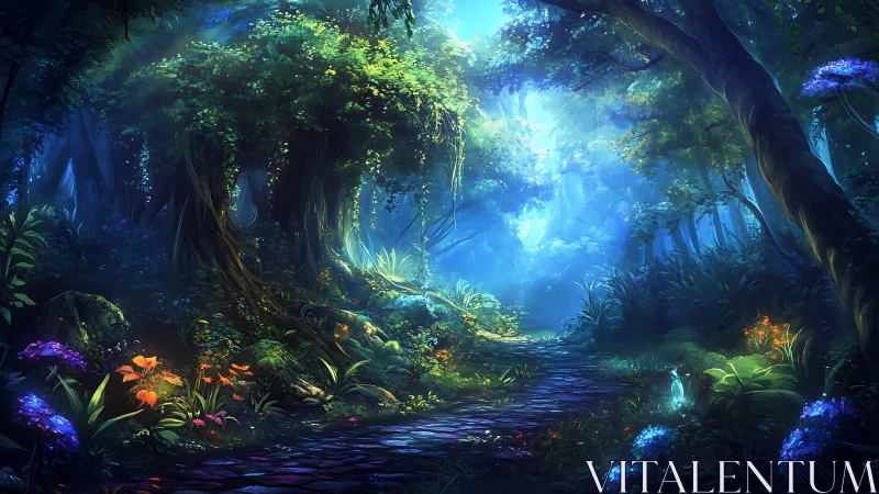 Bioluminescent forest cavern rendered with volumetric light and layered atmospheric perspective