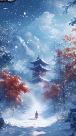 Solitary wanderer approaches snowbound mountain pagoda