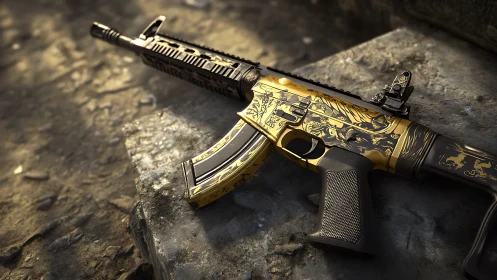 Gold-engraved tactical rifle rendered in high-detail 3D scene.