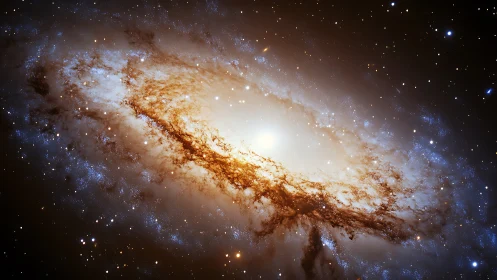 Spiral galaxy blazes with molten starlight and dust rivers.