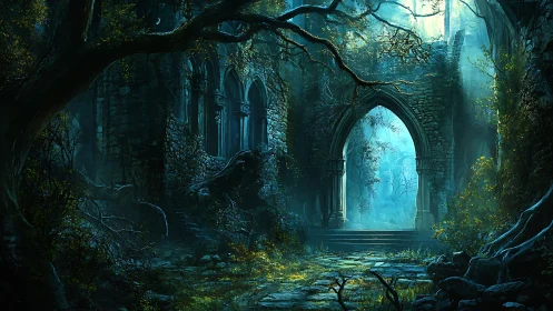 Moonlit ruin gateway where the forest rewrites stone lore.