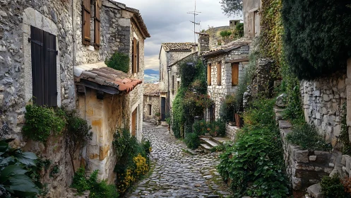 Narrow cobblestone village lane with aged stone fa&ccedil;ades and dense greenery