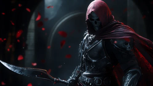 Hooded skeletal warrior in dark hall with red petals falling.
