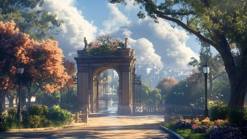 Stone garden archway stands before distant classical city