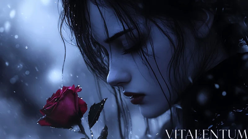 Rain-soaked midnight muse breathing secrets to a rose.