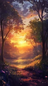 Sunlit forest path and river under warm sunset sky.