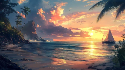 Golden sunset sail drifts past a tranquil tropical shoreline