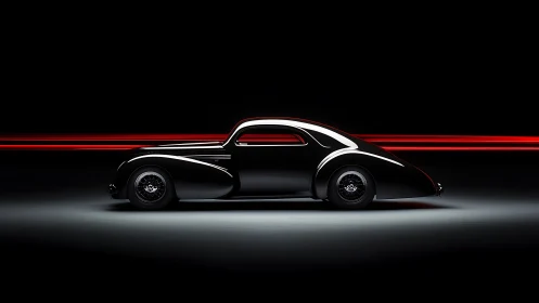 Streamlined black coupe with red light trails in motion.