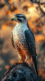 Falcon perched on rock with defocused autumn backdrop.