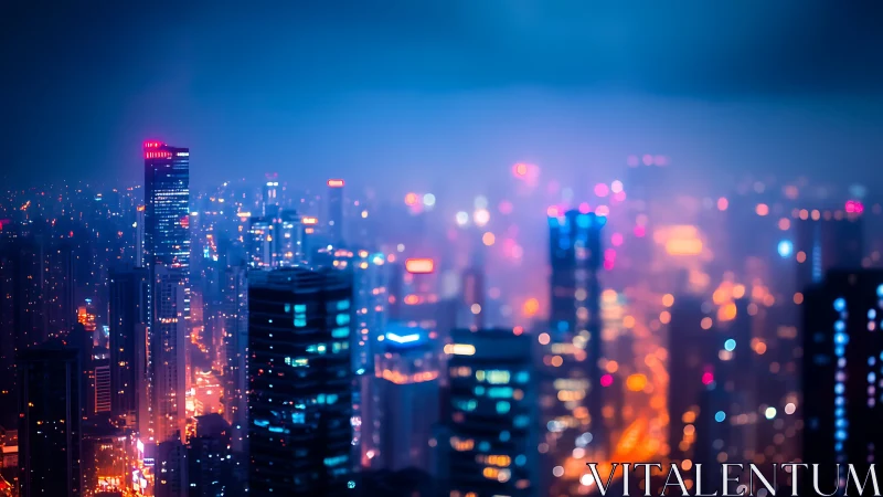 Dreamy neon city skyline glowing in the evening haze.