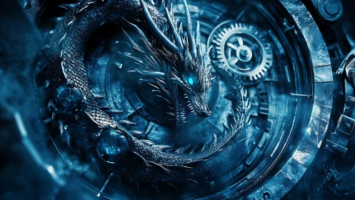 Clockwork frost dragon coiled within glowing gear vault.