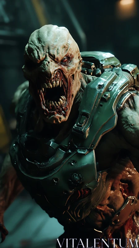 Armored biofiend roars through neon-dim industrial gloom