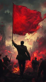 Bold figure raises a blazing red flag above burning streets