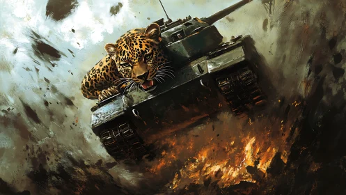 Leopard atop armored battle tank charging through fiery blast