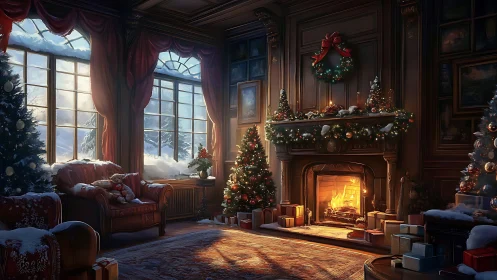 Christmas hearth glows inside snowbound manor lounge.