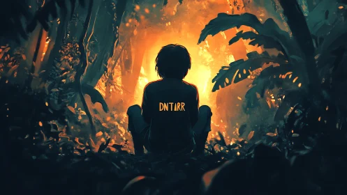 Silhouette Jungle Figure Against Blazing Fire