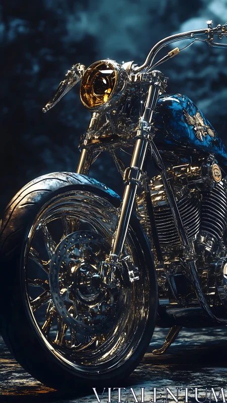 Chrome custom motorcycle under moody cinematic nightscape.