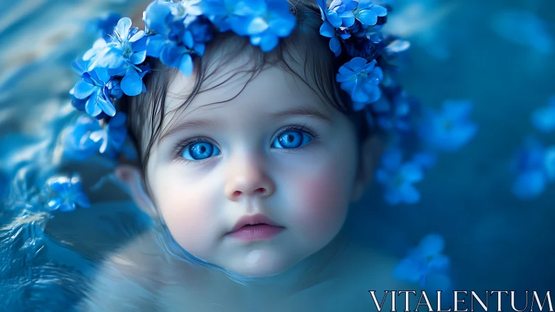 Child With Blue Flowers. Ethereal Portrait.